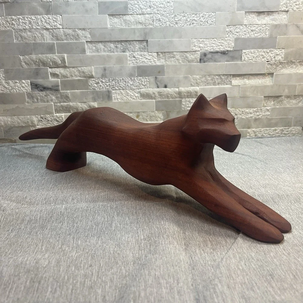 Vtg MCM Hand Carved Wood Cat Panther Stalking Figurine 16